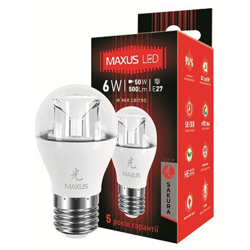 Светодиодная лампа Sakura 1-LED-437 G45 E27 6W 3000К 220V Maxus - Фото 2