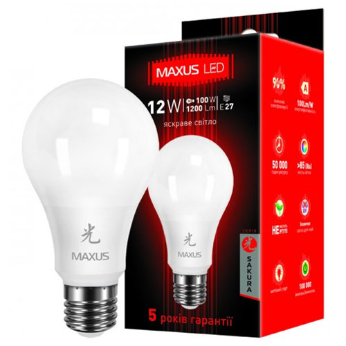 Светодиодная лампа Sakura 1-LED-462-01 A65 E27 12W 4100К 220V Maxus - Фото 2