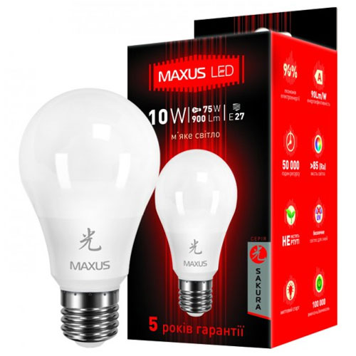 Светодиодная лампа Sakura 1-LED-463-01 A60 E27 10W 3000К 220V Maxus - Фото 2